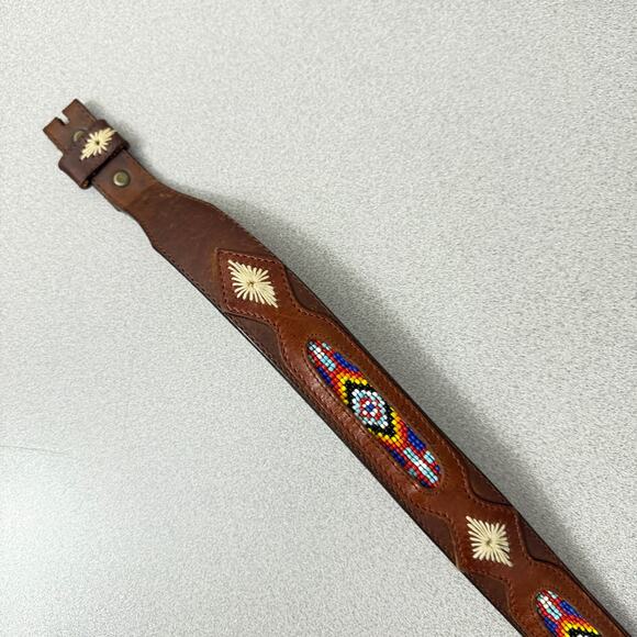 REI Beaded Leather Belt 30 Brown Colorful Stitched Western Southwest *No Buckle - Picture 7 of 11